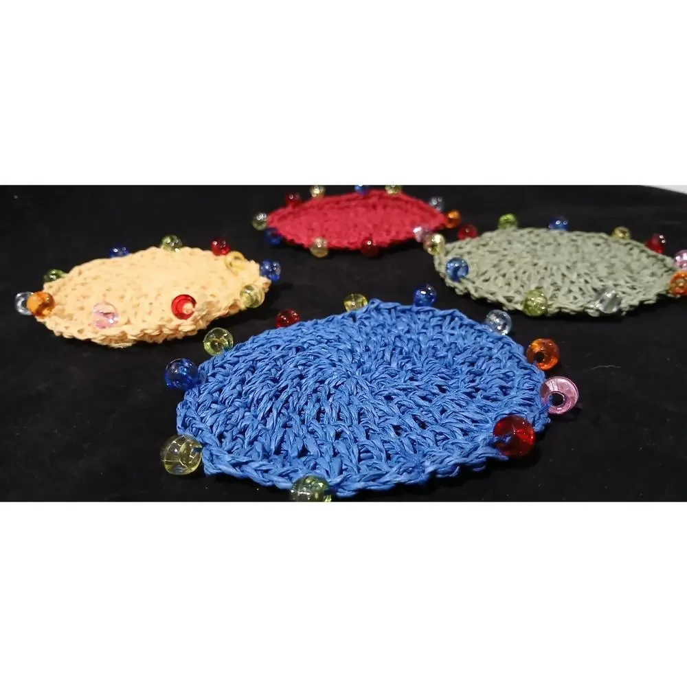 Drink Coasters Set 4 with Beads Multicolor Crocheted Handmade Boho Round Shape